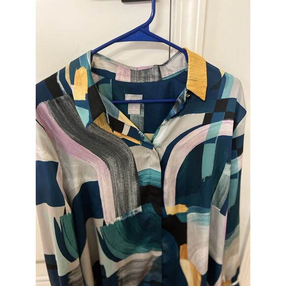 Chicos Woman’s XL 16/18 Abstract Print Button Front Long Sleeve Top Tunic Art - Picture 2 of 12